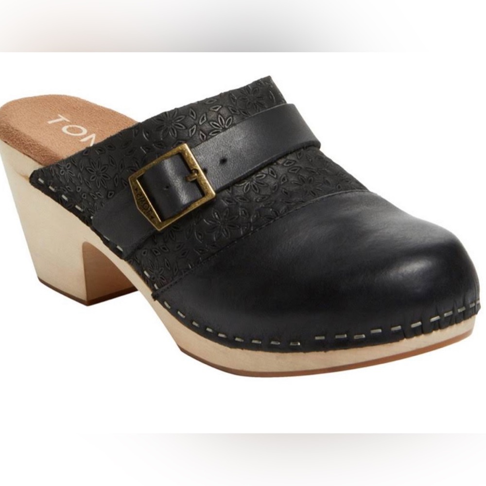 Toms Black Leather Floral-Embossed Clog Mule with Buckle